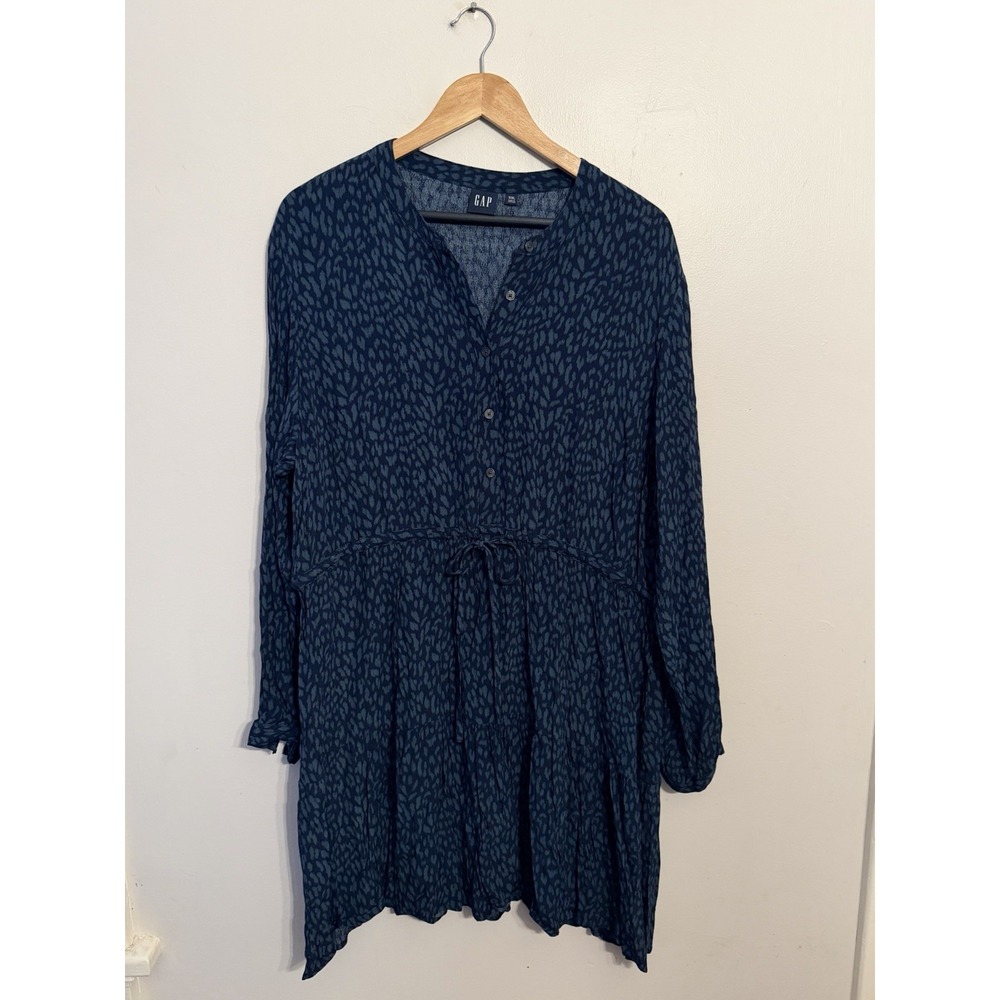 Gap Women's Blue Dappled Long Sleeve Mini Dress Tie Waist Boho Casual Size XXL